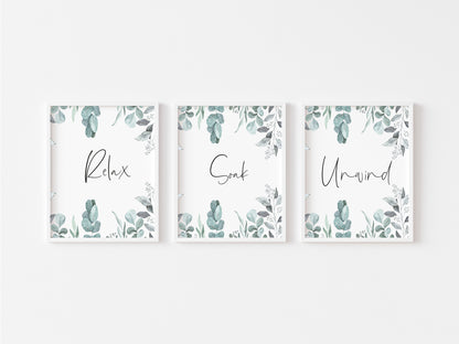 Set of 3 bathroom prints relax soak unwind eucalyptus plant set wall art poster unframed prints