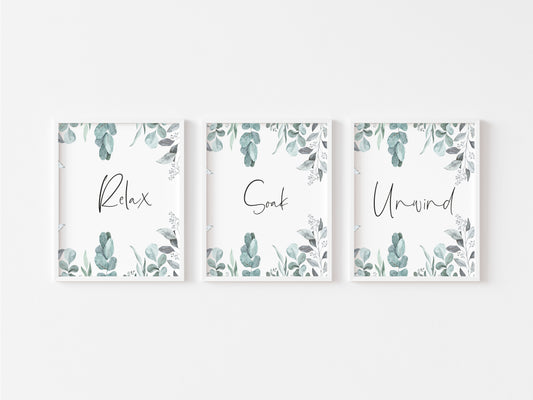 Set of 3 bathroom prints relax soak unwind eucalyptus plant set wall art poster unframed prints