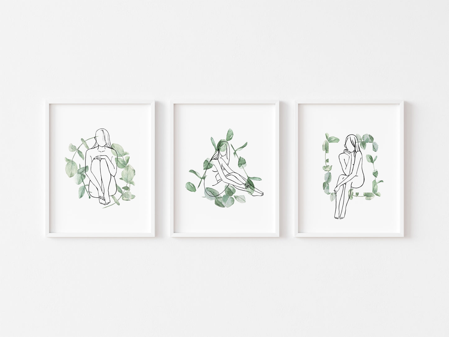 Set of 3 bathroom prints relax soak unwind eucalyptus plant woman body line drawing set wall art poster unframed prints