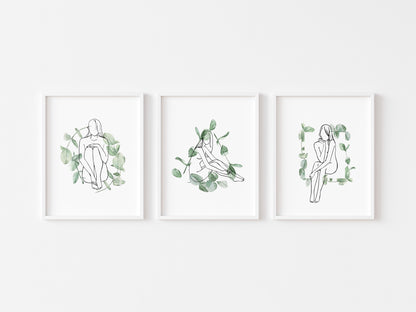 Set of 3 bathroom prints relax soak unwind eucalyptus plant woman body line drawing set wall art poster unframed prints