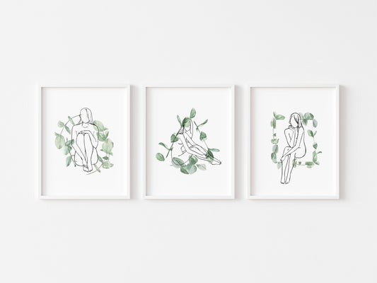 Set of 3 bathroom prints relax soak unwind eucalyptus plant woman body line drawing set wall art poster unframed prints