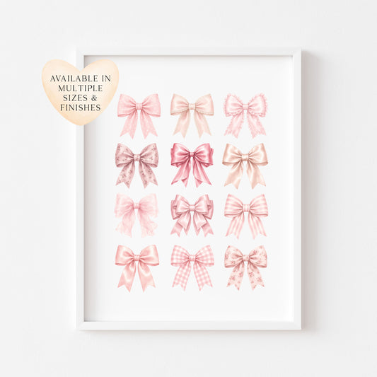 Pretty pink Bows print, watercolour girls bedroom unframed wall art poster print