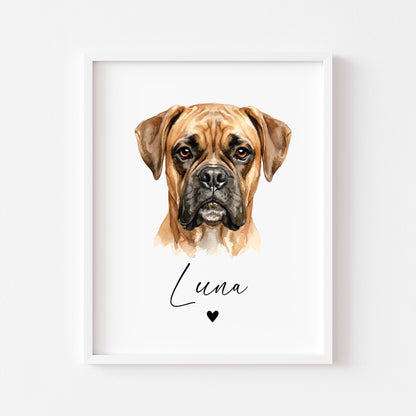 Personalised Boxer Print Custom Name Dog watercolour unframed wall art poster