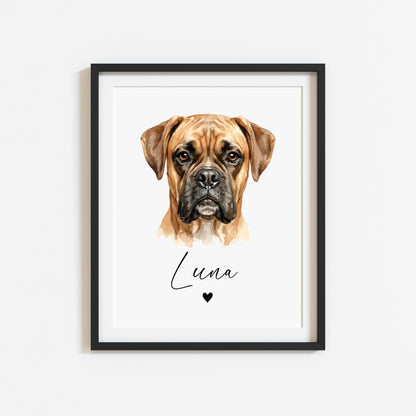 Personalised Boxer Print Custom Name Dog watercolour unframed wall art poster