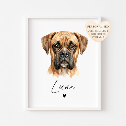 Personalised Boxer Print Custom Name Dog watercolour unframed wall art poster