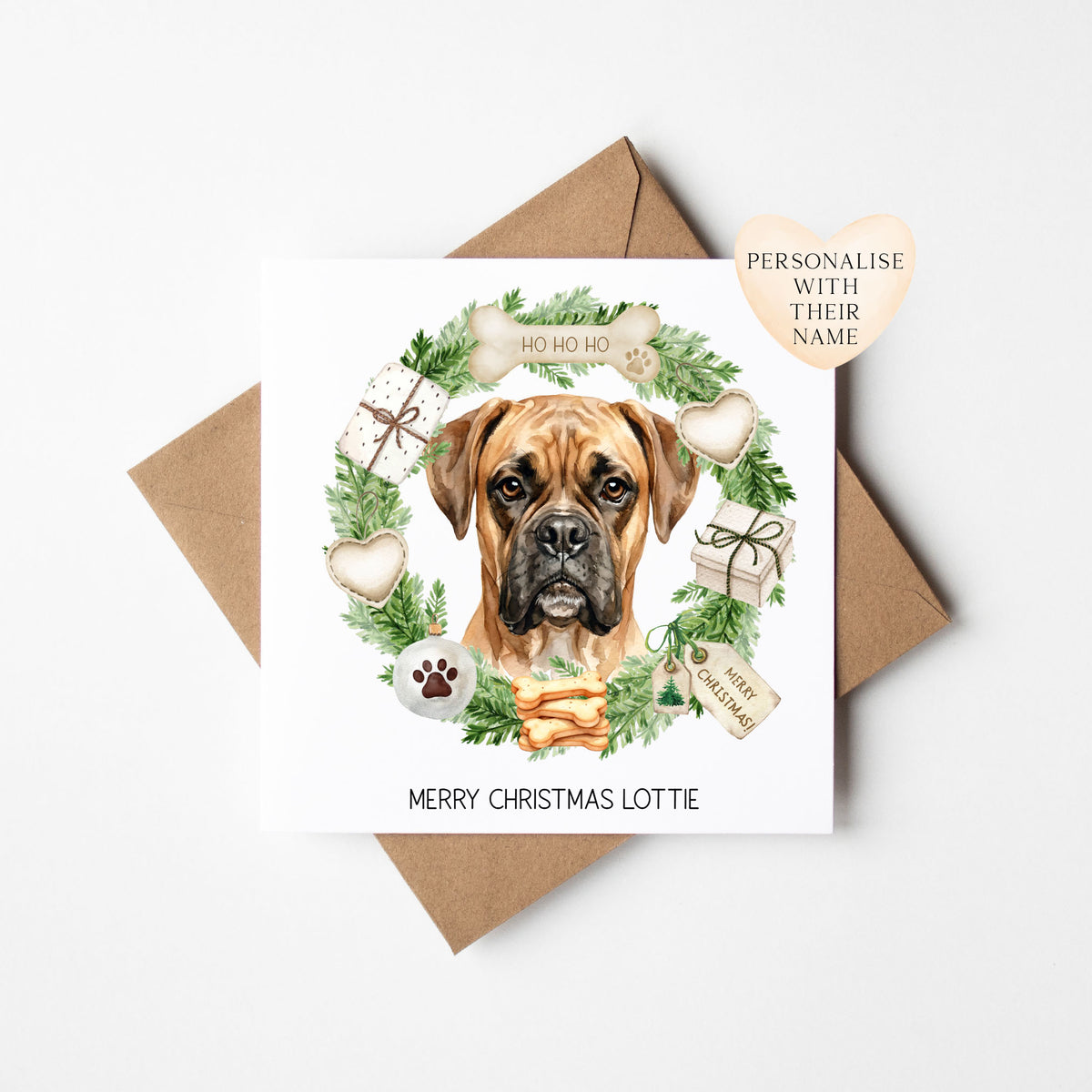 Personalised Dog Christmas card, Boxer custom pet name xmas card with envelope