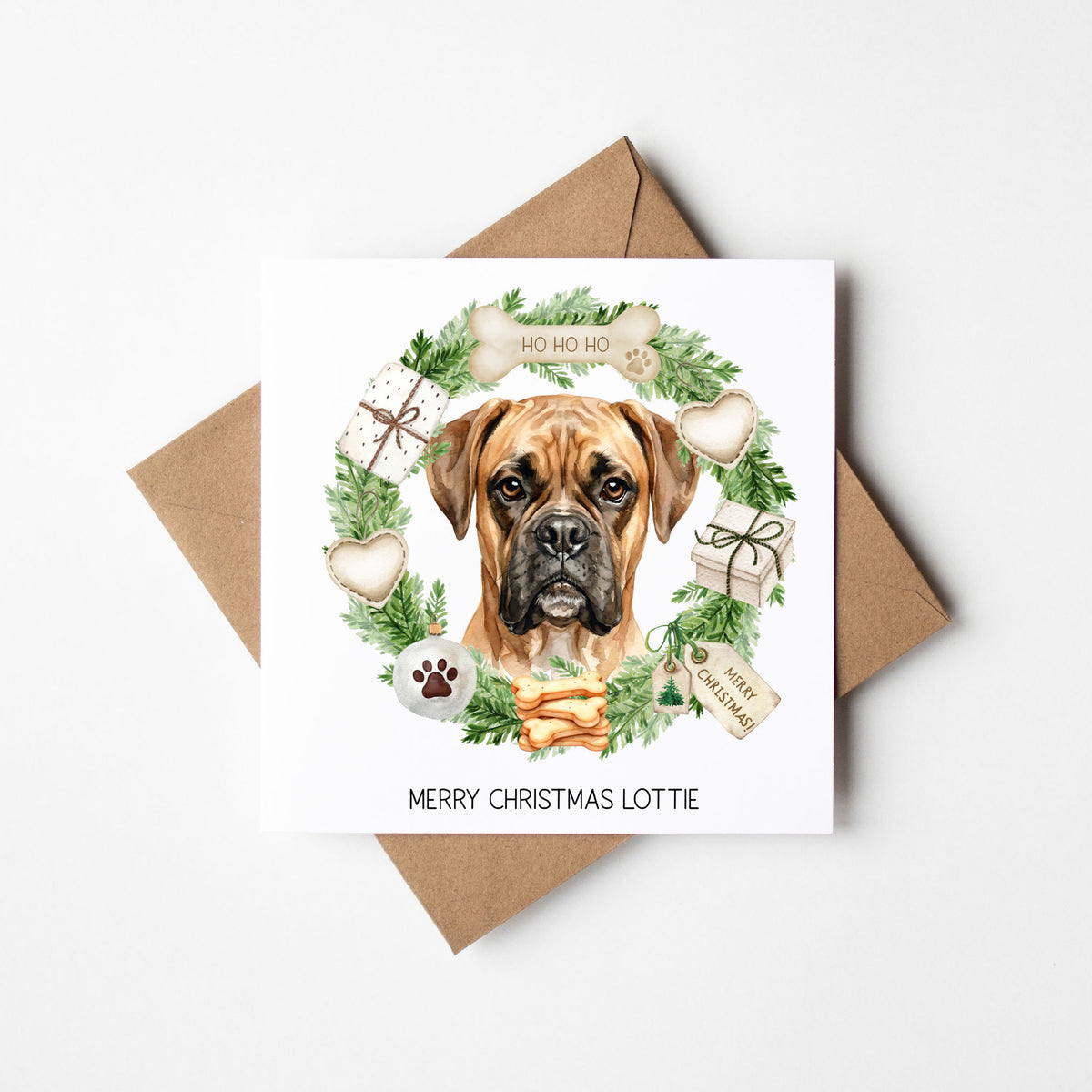 Personalised Dog Christmas card, Boxer custom pet name xmas card with envelope