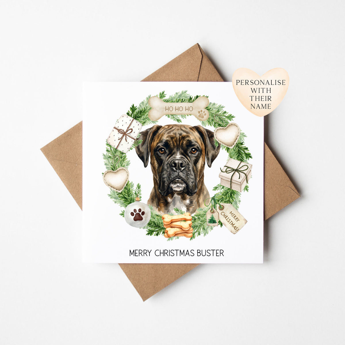Personalised Dog Christmas card, Boxer custom pet name xmas card with envelope