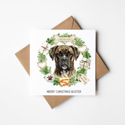 Personalised Dog Christmas card, Boxer custom pet name xmas card with envelope