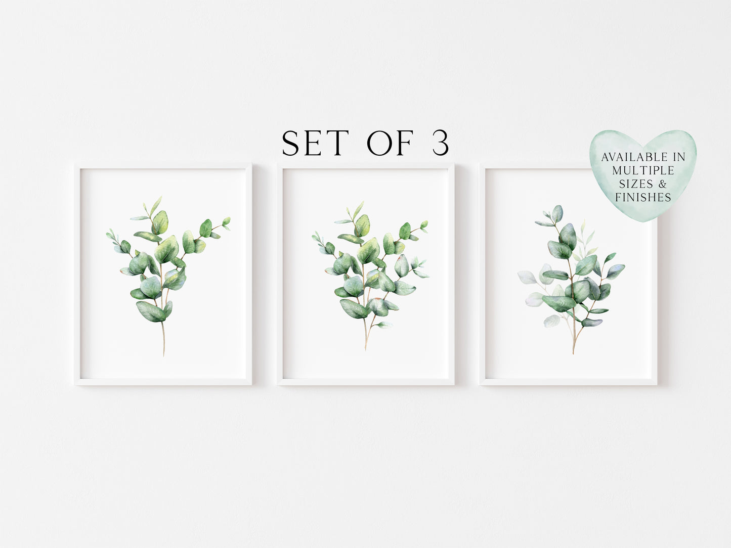 Set of 3 eucalyptus plant bouquet individual greenery home, bedroom, bathroom relaxing unframed wall art poster prints