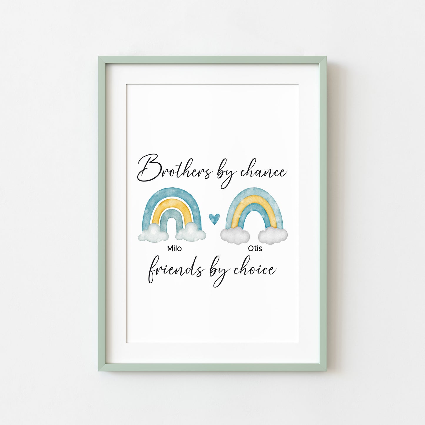 Brothers print, Brothers by chance, friends by choice personalised names rainbows blue green yellow unframed wall art