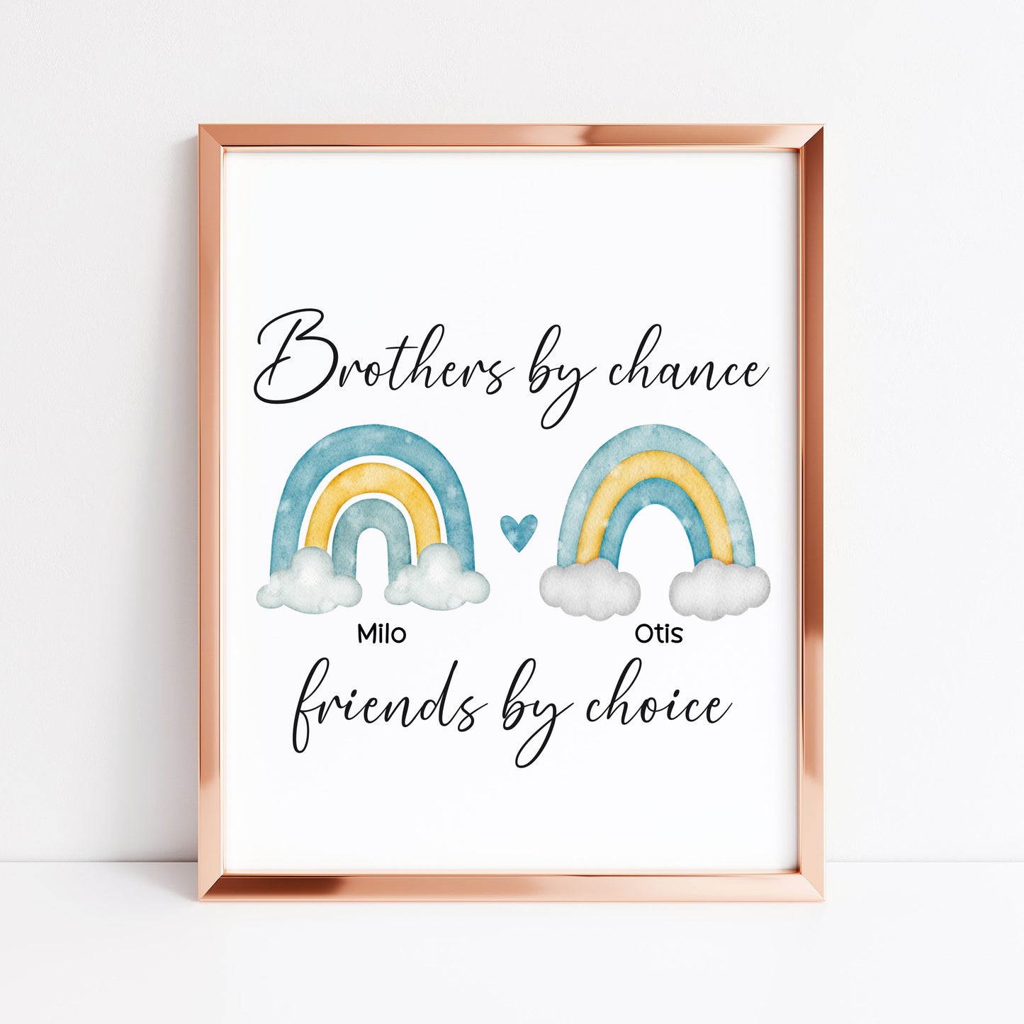 Brothers print, Brothers by chance, friends by choice personalised names rainbows blue green yellow unframed wall art