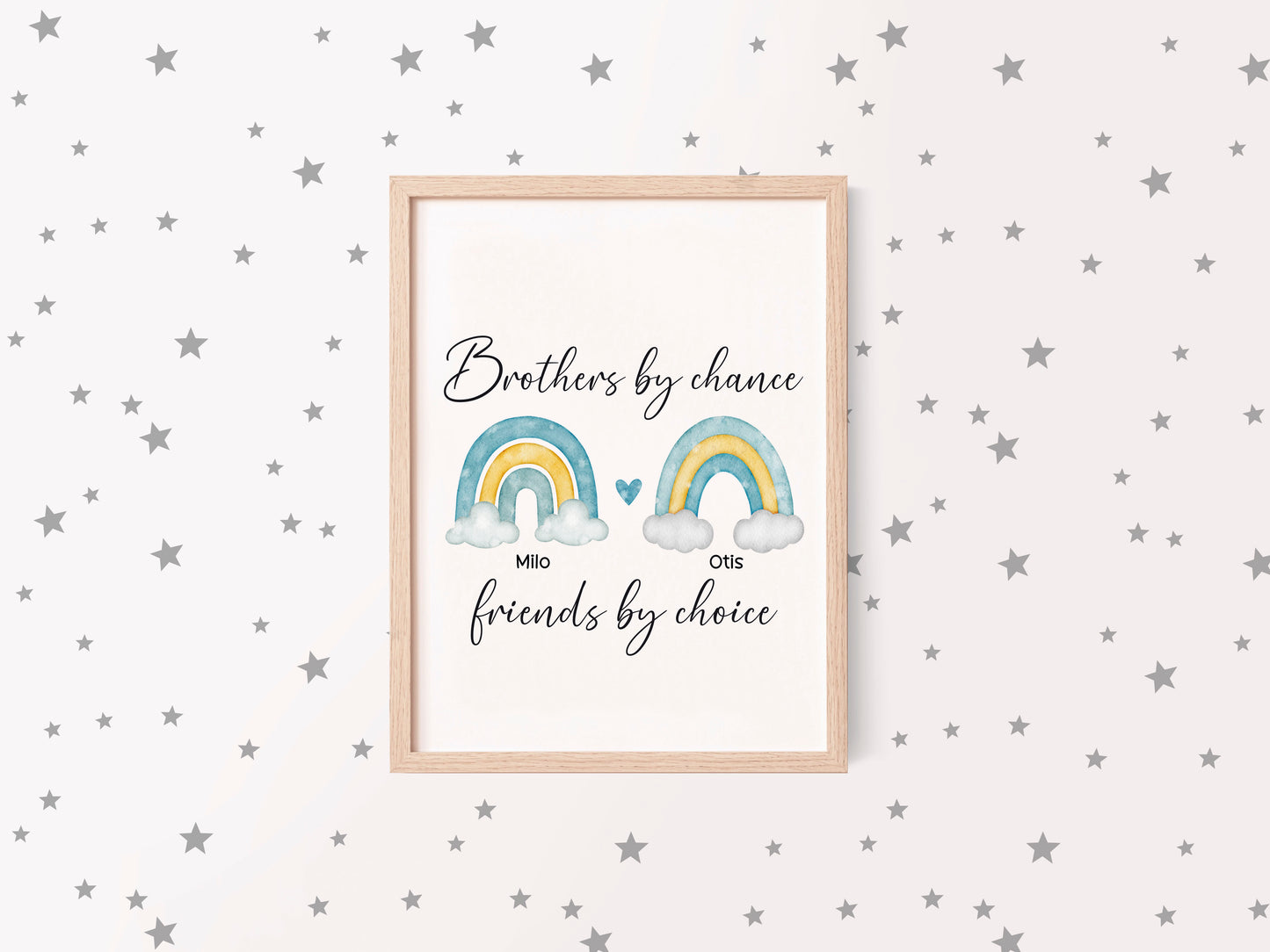 Brothers print, Brothers by chance, friends by choice personalised names rainbows blue green yellow unframed wall art