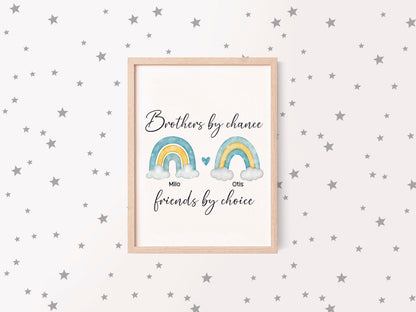 Brothers print, Brothers by chance, friends by choice personalised names rainbows blue green yellow unframed wall art