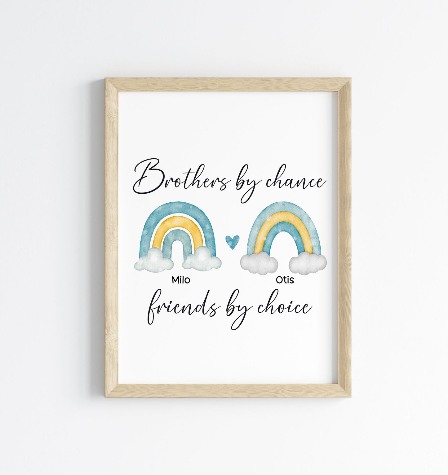 Brothers print, Brothers by chance, friends by choice personalised names rainbows blue green yellow unframed wall art
