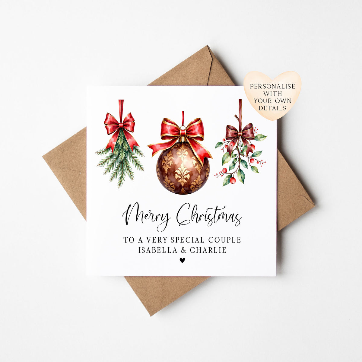 Christmas Card, Couples, friends festive baubles personalised card with envelope