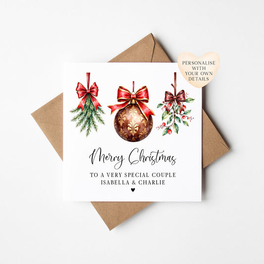 Christmas Card, Couples, friends festive baubles personalised card with envelope