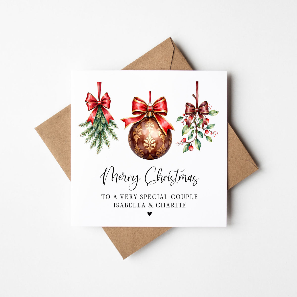 Christmas Card, Couples, friends festive baubles personalised card with envelope