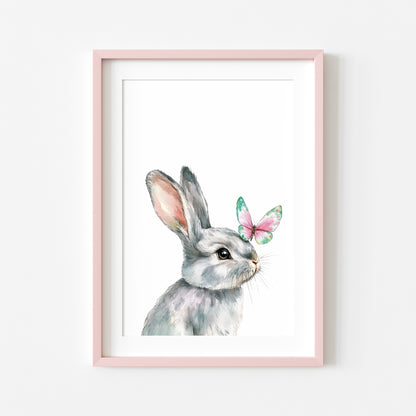 Spring Easter Bunny rabbit & butterfly pink and green animal seasonal spring home bedroom unframed wall art poster print