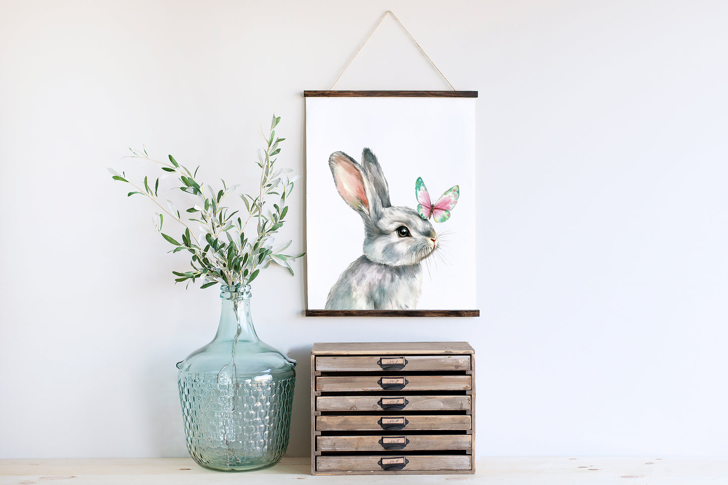 Spring Easter Bunny rabbit & butterfly pink and green animal seasonal spring home bedroom unframed wall art poster print