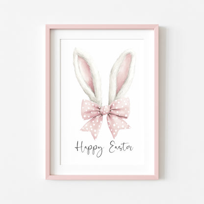 Happy Easter, Easter print, Easter bunny ears white & pink stripey cute bunny unframed wall art poster print