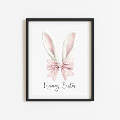 Happy Easter, Easter print, Easter bunny ears white & pink stripey cute bunny unframed wall art poster print