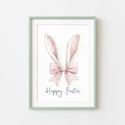 Happy Easter, Easter print, Easter bunny ears white & pink stripey cute bunny unframed wall art poster print