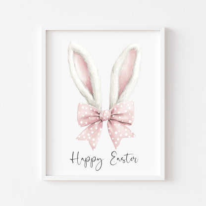 Happy Easter, Easter print, Easter bunny ears white & pink stripey cute bunny unframed wall art poster print