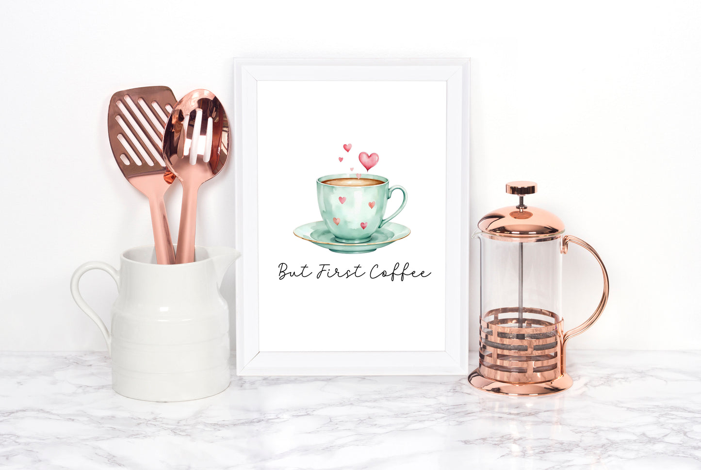 But First Coffee Print green cup & hearts Watercolour Kitchen Wall Art (Unframed)
