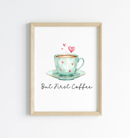 But First Coffee Print green cup & hearts Watercolour Kitchen Wall Art (Unframed)