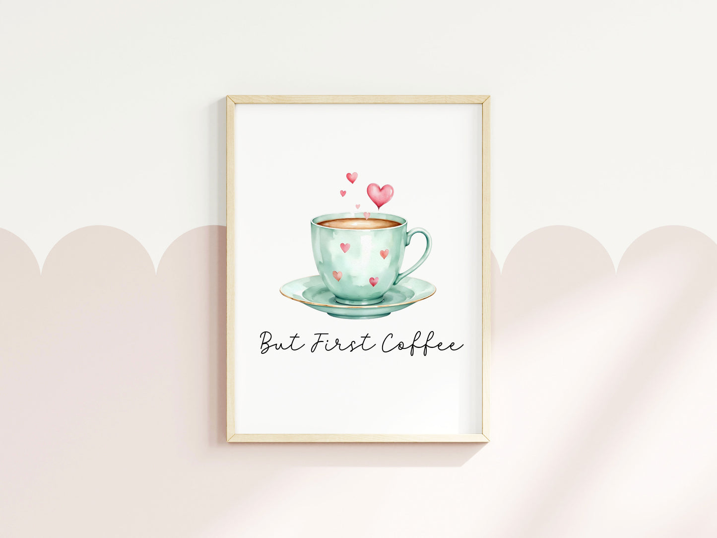 But First Coffee Print green cup & hearts Watercolour Kitchen Wall Art (Unframed)