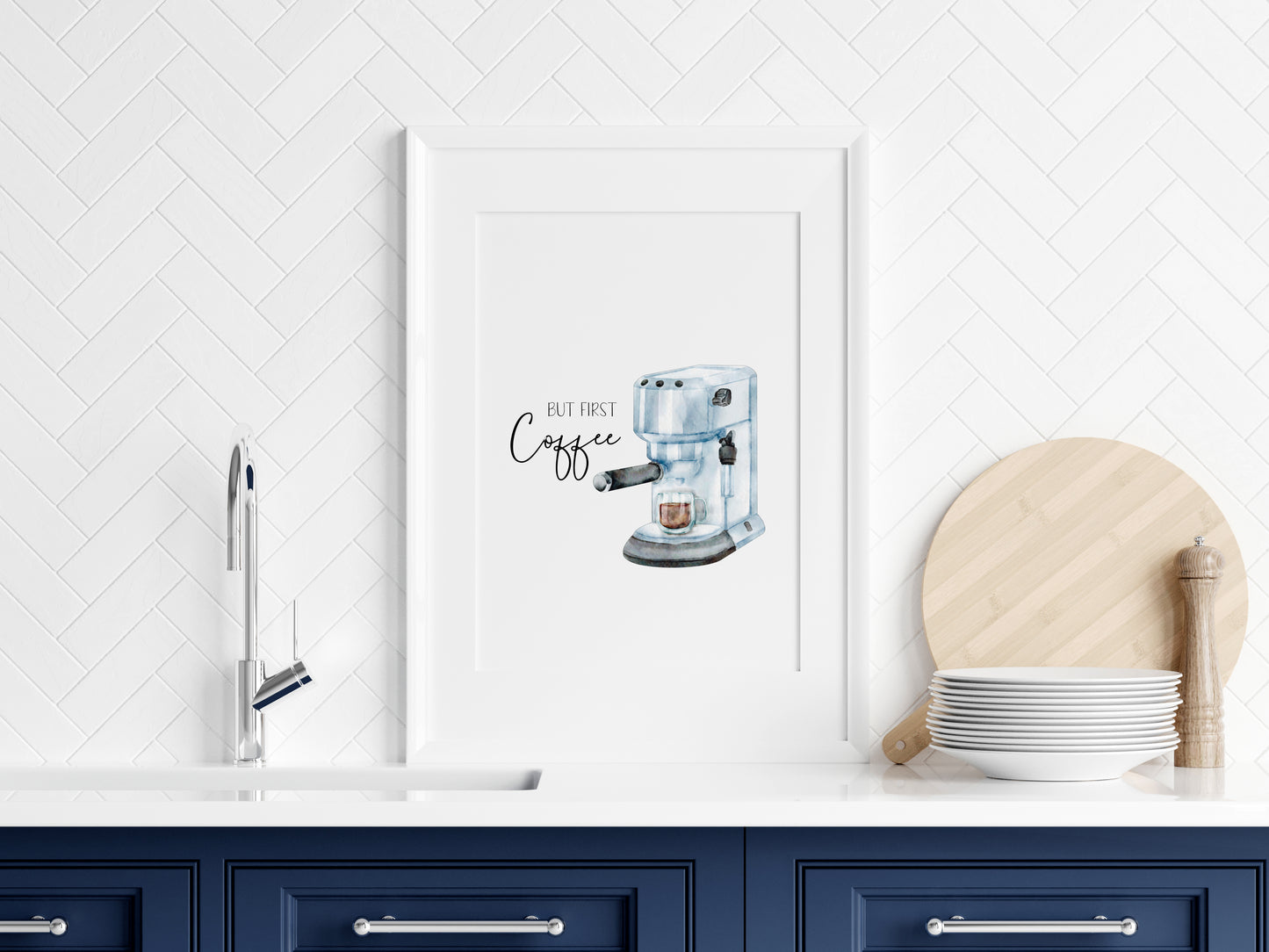 But first coffee, kitchen coffee machine watercolour illustration unframed office wall art poster print