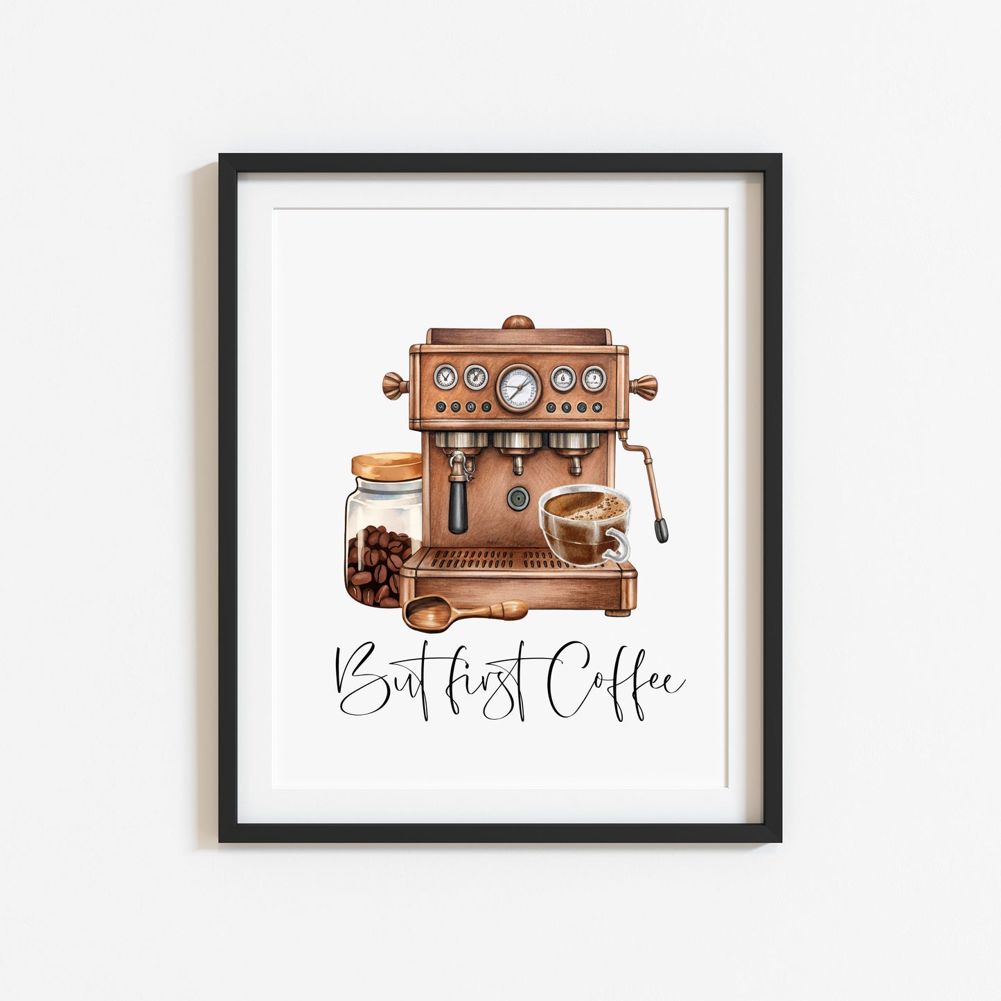 But First Coffee Print Watercolour coffee machine scene Kitchen unframed Wall Art