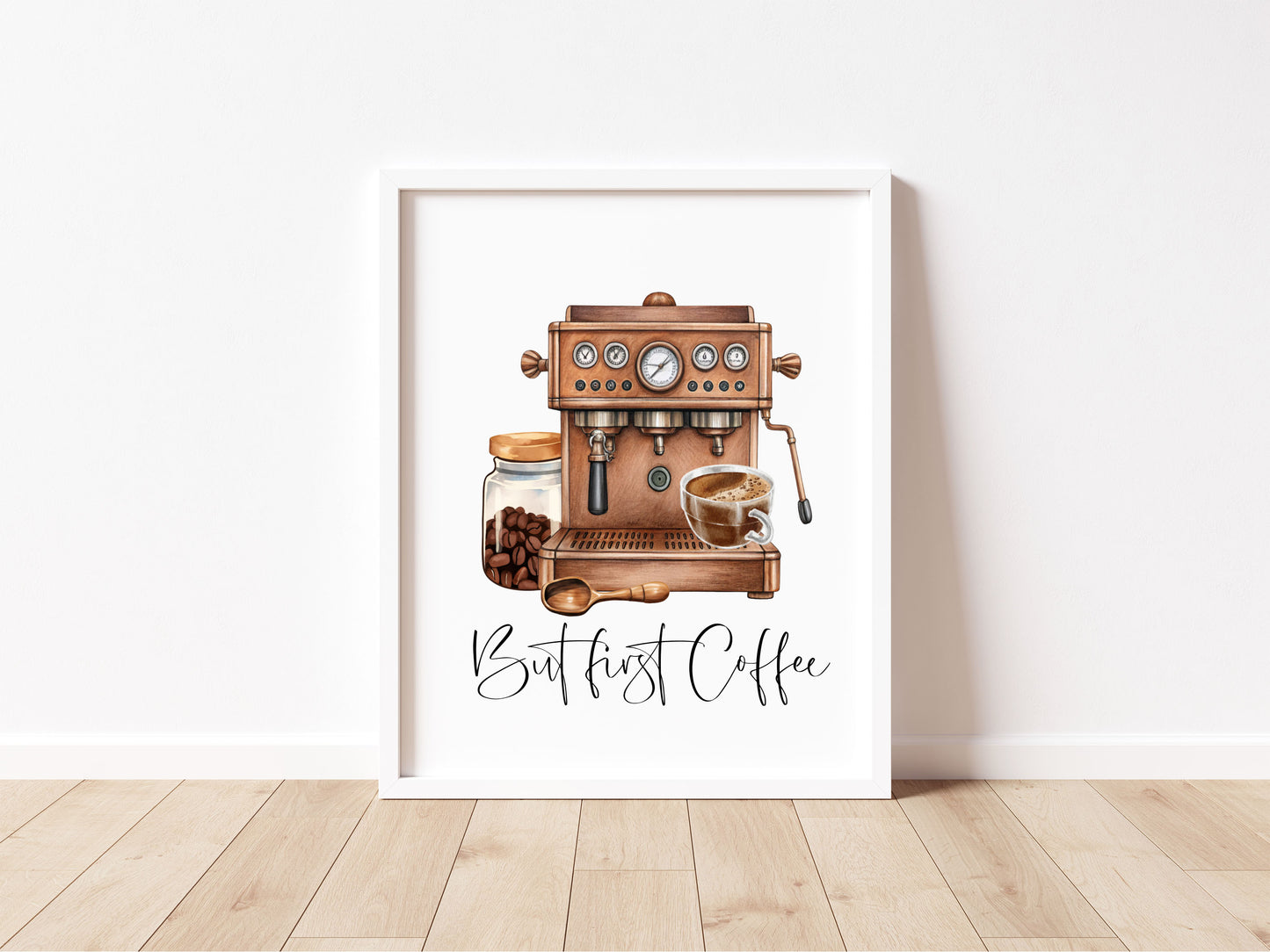 But First Coffee Print Watercolour coffee machine scene Kitchen unframed Wall Art
