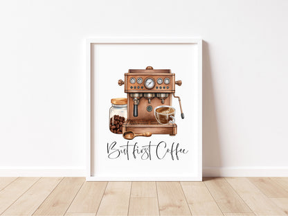 But First Coffee Print Watercolour coffee machine scene Kitchen unframed Wall Art