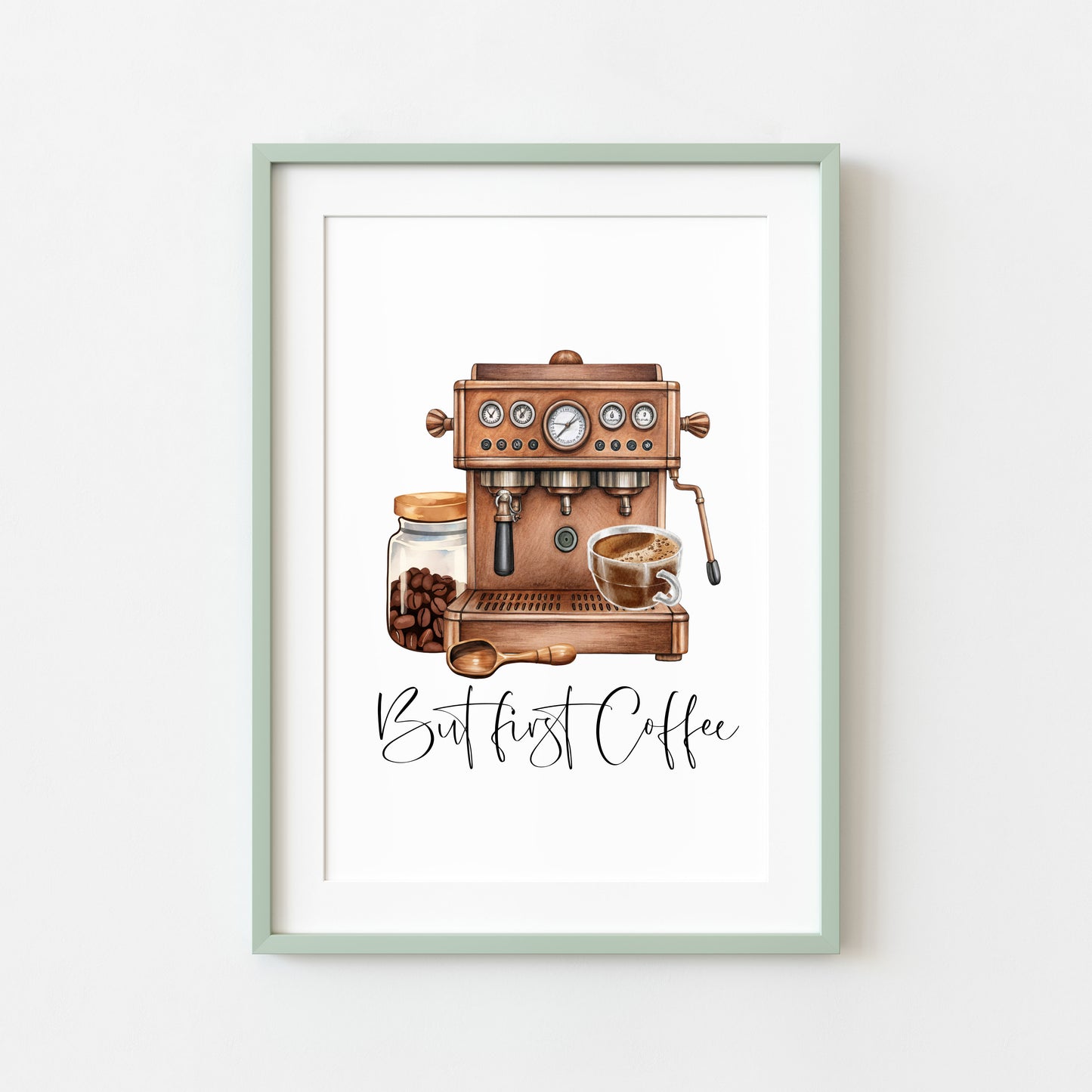 But First Coffee Print Watercolour coffee machine scene Kitchen unframed Wall Art