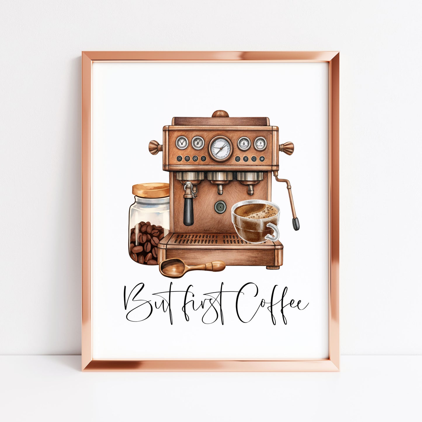 But First Coffee Print Watercolour coffee machine scene Kitchen unframed Wall Art