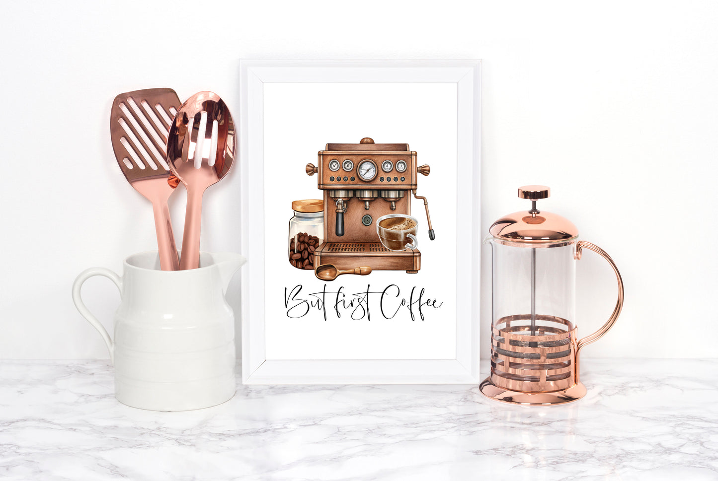 But First Coffee Print Watercolour coffee machine scene Kitchen unframed Wall Art