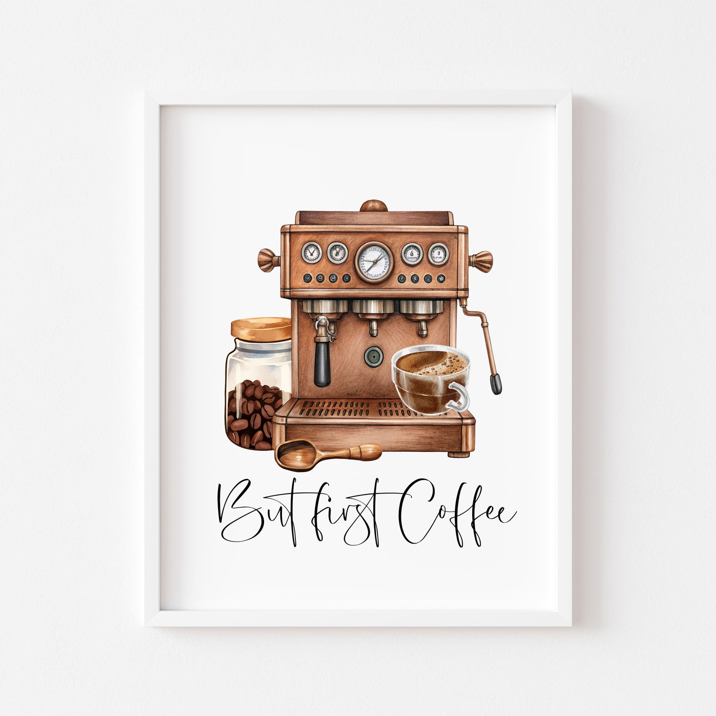 But First Coffee Print Watercolour coffee machine scene Kitchen unframed Wall Art