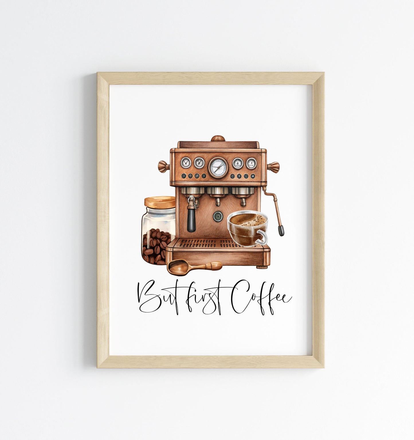 But First Coffee Print Watercolour coffee machine scene Kitchen unframed Wall Art