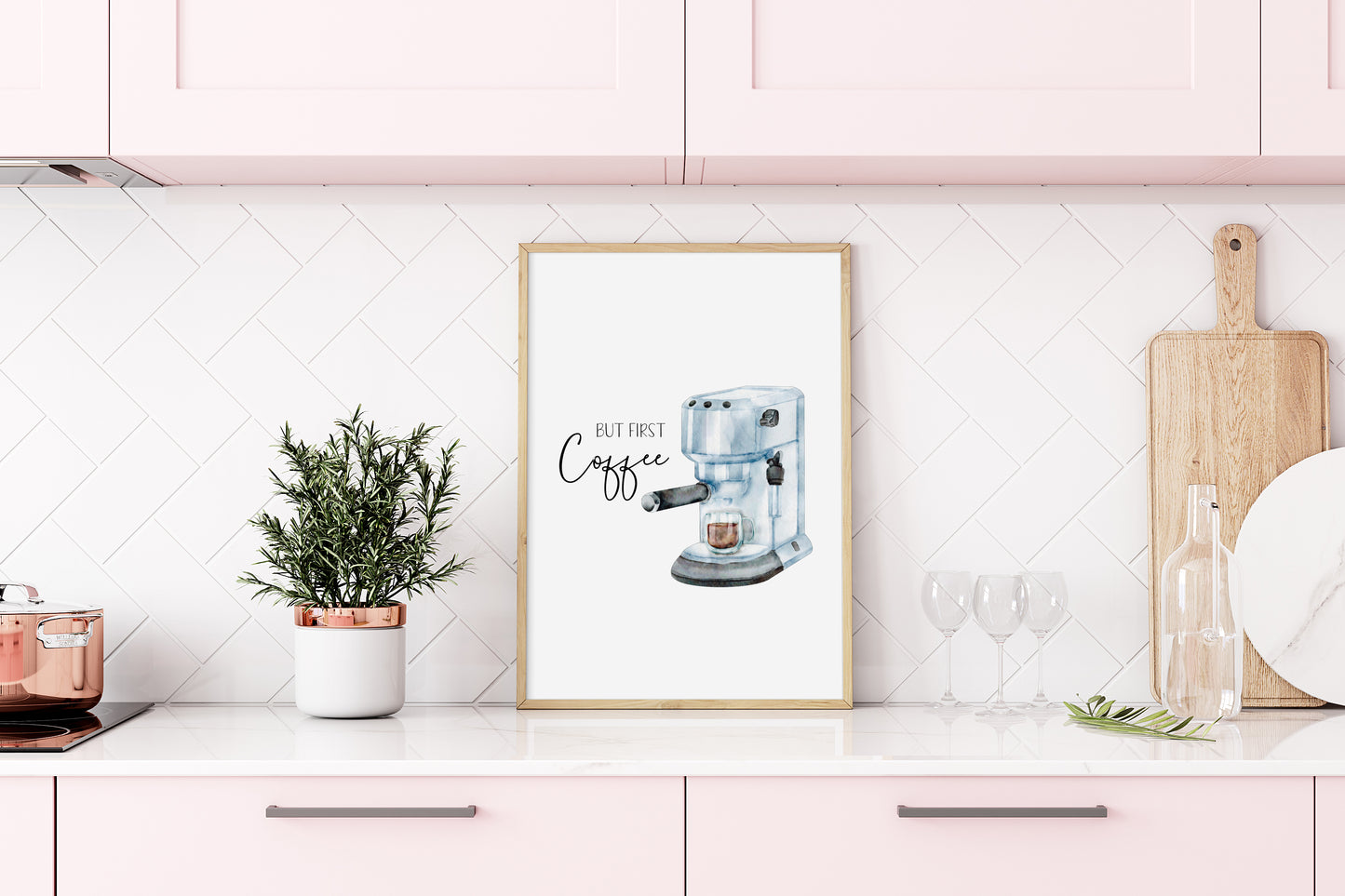 But first coffee, kitchen coffee machine watercolour illustration unframed office wall art poster print