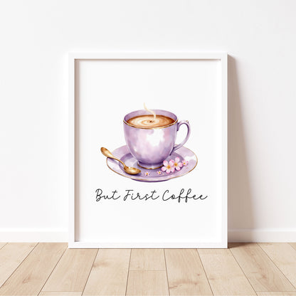 But First Coffee Print purple cup pink flowers Watercolour Kitchen Wall Art (Unframed)