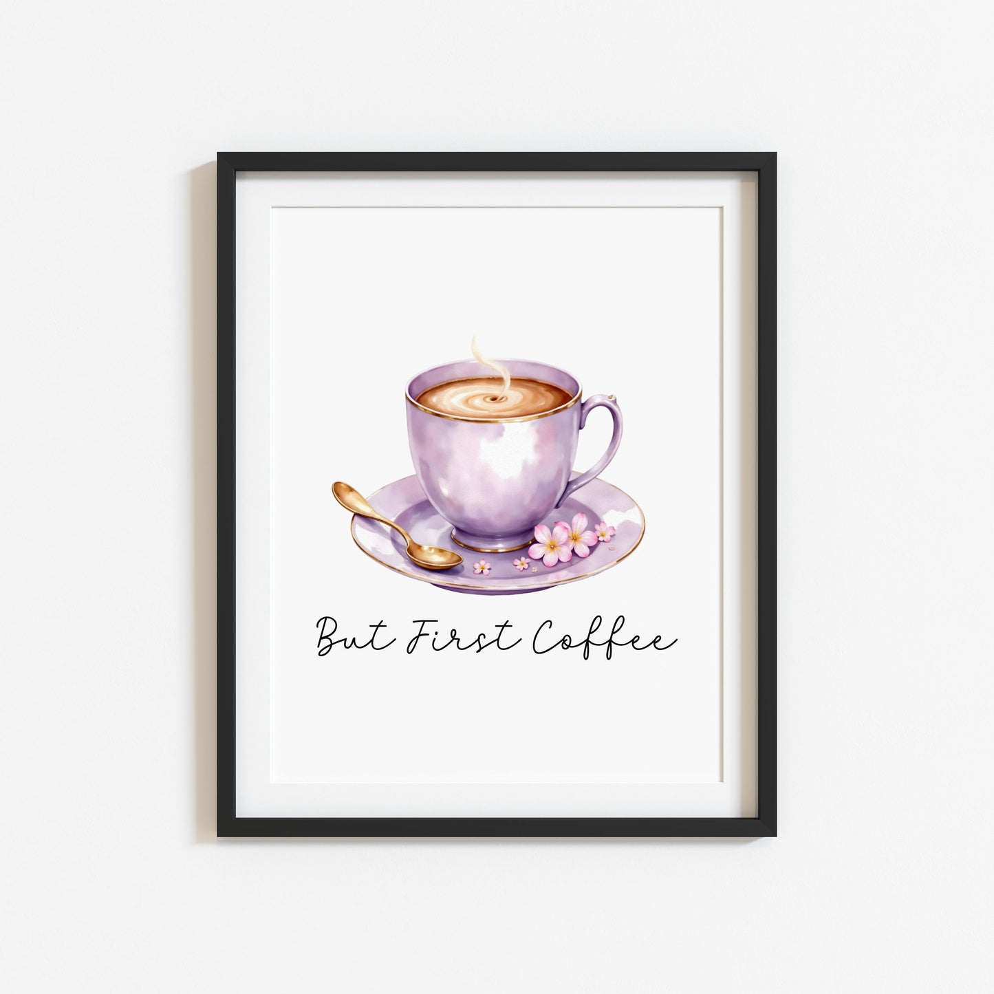 But First Coffee Print purple cup pink flowers Watercolour Kitchen Wall Art (Unframed)