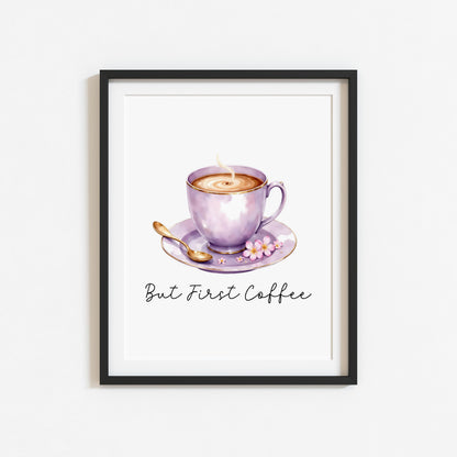But First Coffee Print purple cup pink flowers Watercolour Kitchen Wall Art (Unframed)