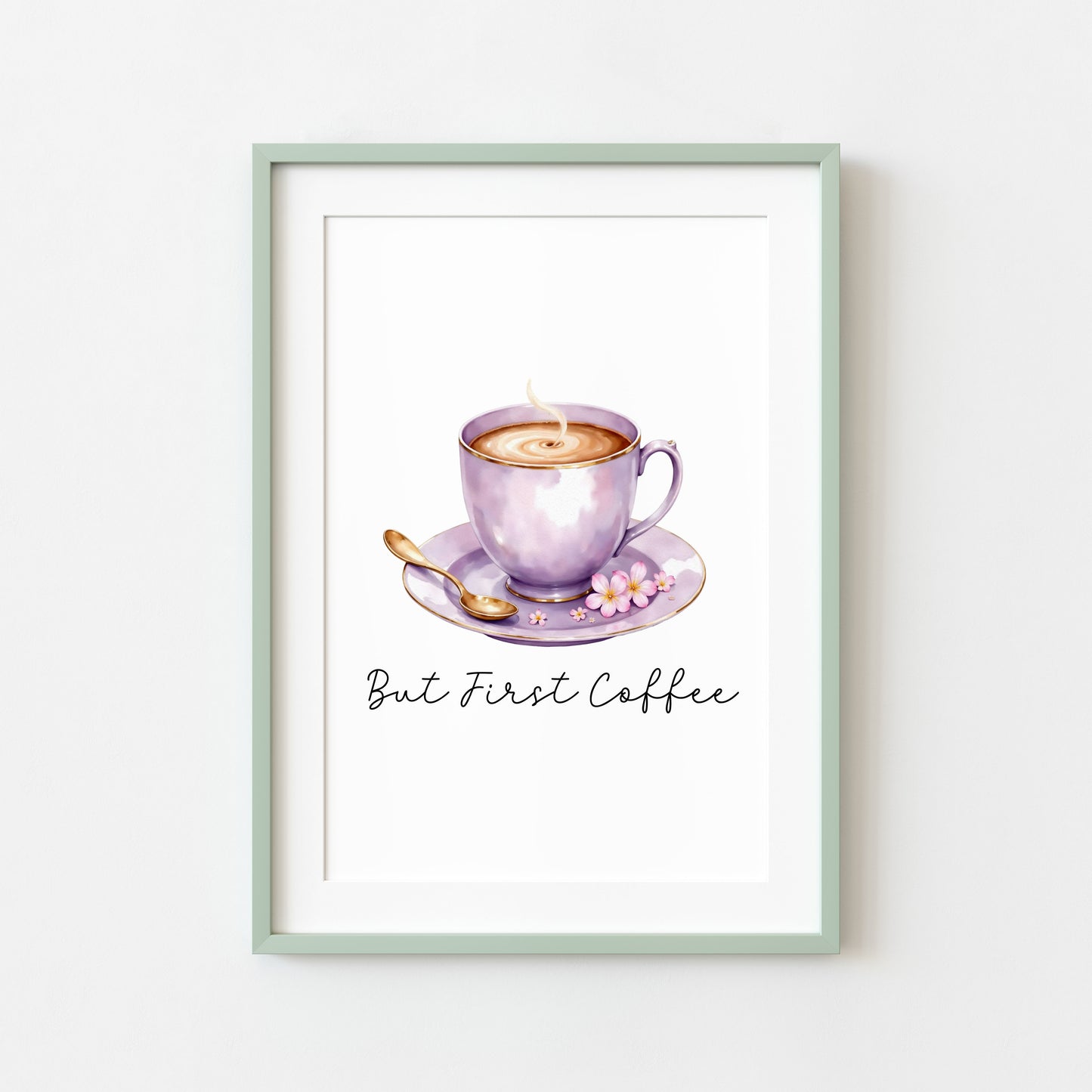 But First Coffee Print purple cup pink flowers Watercolour Kitchen Wall Art (Unframed)
