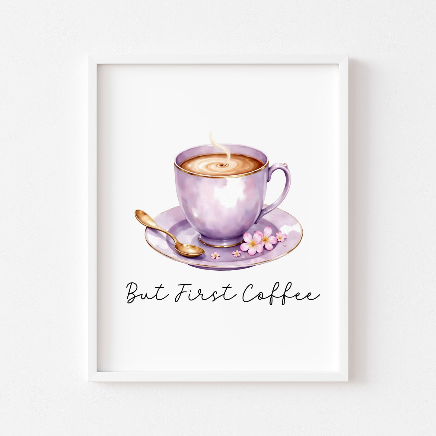 But First Coffee Print purple cup pink flowers Watercolour Kitchen Wall Art (Unframed)