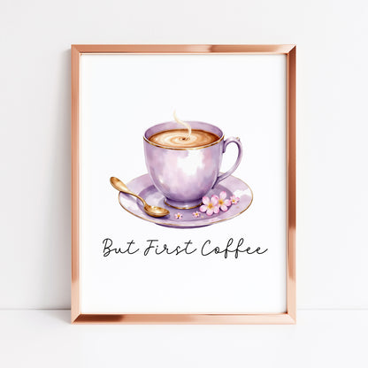 But First Coffee Print purple cup pink flowers Watercolour Kitchen Wall Art (Unframed)