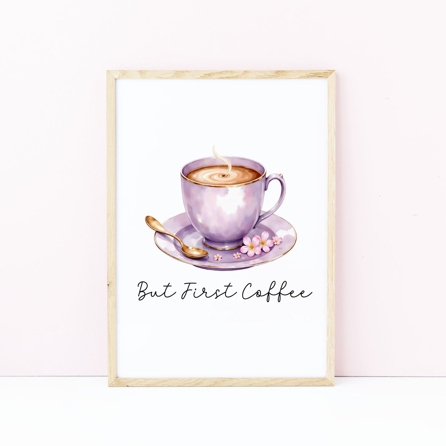 But First Coffee Print purple cup pink flowers Watercolour Kitchen Wall Art (Unframed)