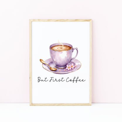 But First Coffee Print purple cup pink flowers Watercolour Kitchen Wall Art (Unframed)