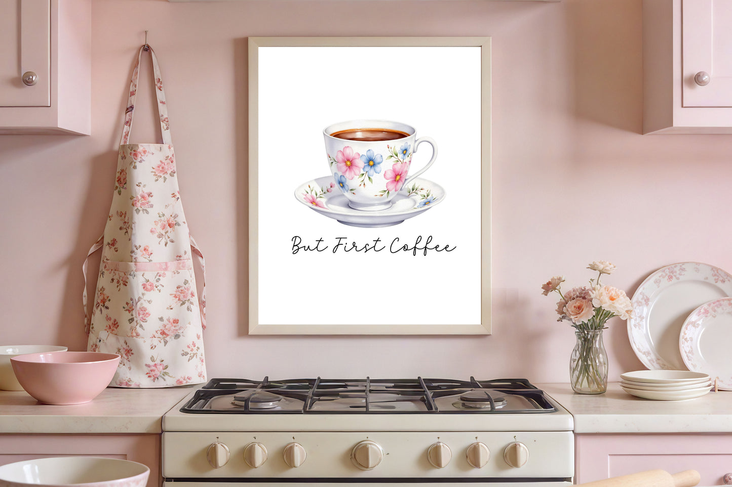 But First Coffee Print white floral cup Watercolour Kitchen Wall Art (Unframed)